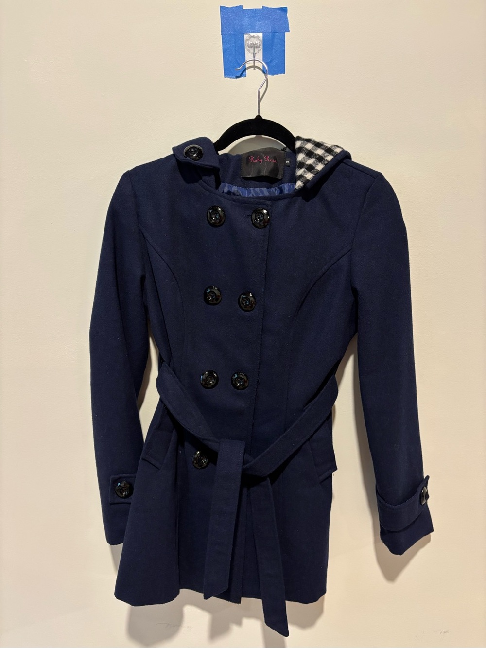 Womens Navy Double-Breasted Belted Peacoat fall spring transition coat